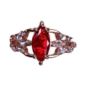 Marquise-Cut Red Glass Gemstone Open Filigree Vintage Floral Ring – Size 10